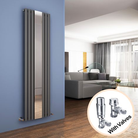 ELEGANT Vertical Column Designer Radiator Anthracite Oval Single Panel Rad 1800 x 500mm with Mirror + Chrome Thermostatic Radiator Valves (1/5)