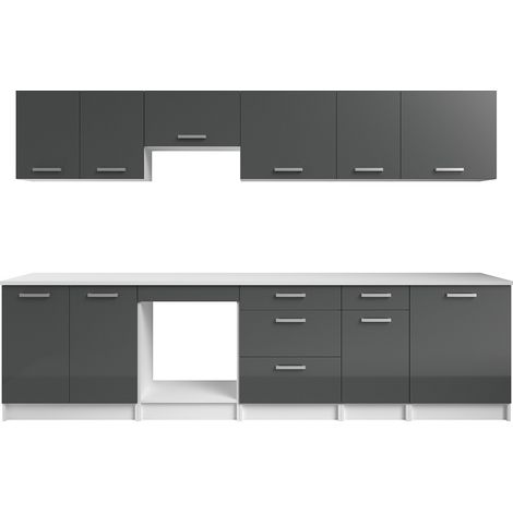 Vente-Unique – Cuisine complète 300 cm – 10 éléments de rangement – Gris brillant – Plan de travail mélaminé résistant à l'eau