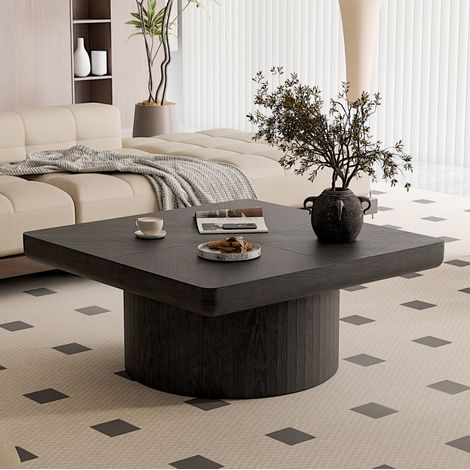 Table basse carrée 78x78 cm noire en bois massif et MDF avec plateau effet parquet et base cylindrique (1/5)
