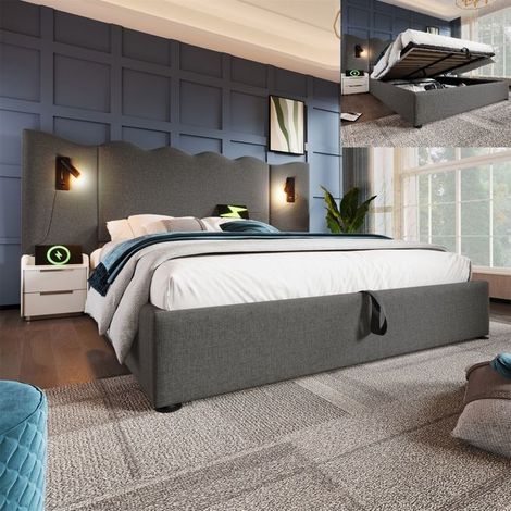 Lit coffre 160x200 cm - Rembourré - Gris - Lampe de lecture - USB Type-C - Lin (1/5)