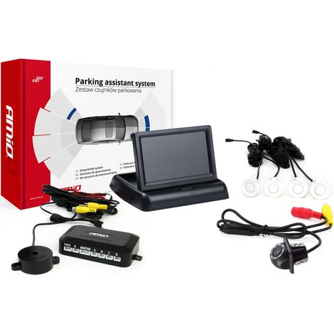 Kit de sensores de estacionamiento TFT02 de 4,3" con cámara HD-305-LED y 4 sensores blancos. (1/5)