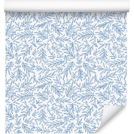 Carta da parati con foglie bianche e azzurre per soggiorno e camera da letto, 50x1000 cm (1/5)
