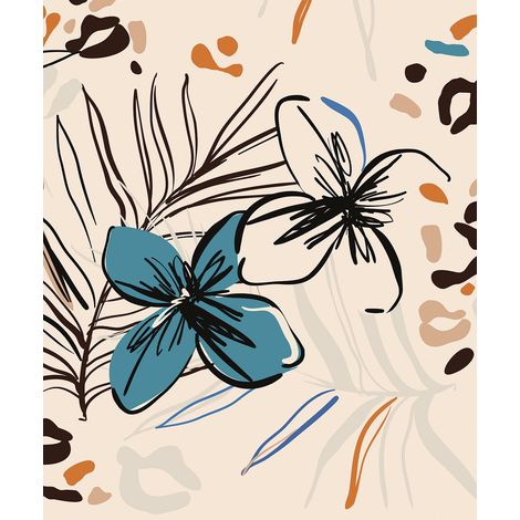 papier peint panoramique fleurs beige, bleu et orange - Sanders & Sanders (1/3)