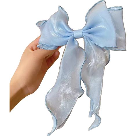 Lazos para el cabello, material satinado sedoso, pinza metálica cómoda, azul cielo. (1/3)