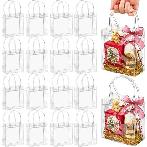 Lot de 50 sacs cadeaux en plastique transparent avec poignées, réutilisables et transparents en PVC pour mariage, fête prénatale, anniversaire (12,4 x 15 x 7,1 cm)