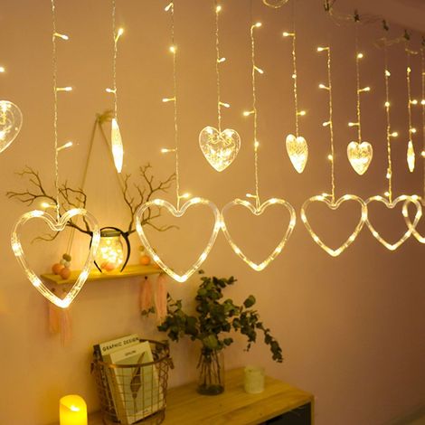 Rideau lumineux LED en forme de cœur guirlande lumineuse 8 modes d'éclairage décoration de fête 3 m blanc chaud (1/5)