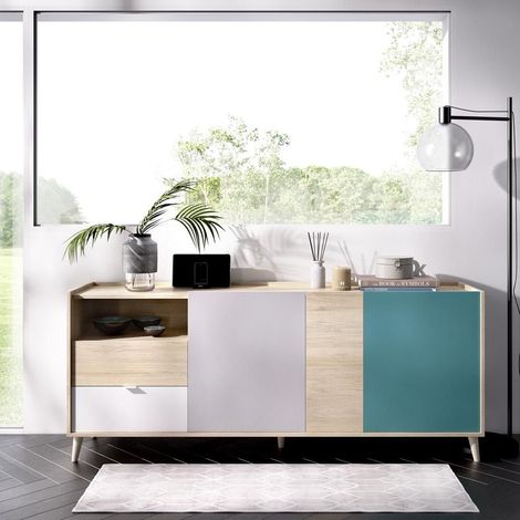 DEKIT - Aparador NOVA 3 puertas y 2 cajones color Blanco / Gris / Natural / Esmeralda 75x180x43 cm (1/5)