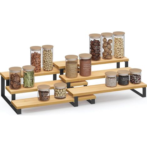 Lot de 2 - Étagère à épices - Porte-épices extensible - Rangement 3 niveaux en bois d&39ingénierie - Pour placard et comptoir de cuisine - Beige naturel et noir d&39encre - 7,6 cm de profondeur