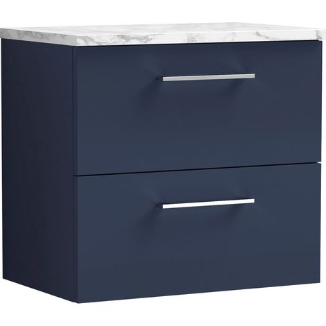 Nuie Arno Wall Hung 2-Drawer Vanity Unit with Carrera Marble Worktop 600mm Wide - Midnight Blue (1/4)