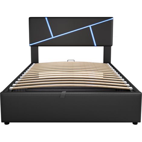 CAIziLit capitonné confortable avec bandes lumineuses LED, 90200 cm, lit double avec sommier à lattes, tête de lit, lit fonctionnel hydraulique, cuir synthétique, noir (1/5)