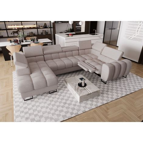 Wohnlandschaft Schlafsofa BASTIEN RELAX in Stoff Moly Hellgrau Ottomane Links