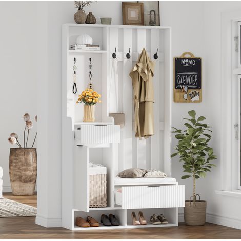 Mueble zapatero 100 x 30 x 180 cm con banco, 8 ganchos, 2 cajones y armario, blanco HAVRYA (1/5)