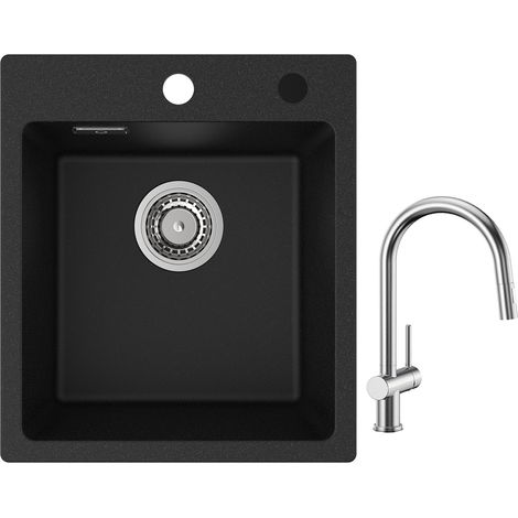 Cecipa Evier Quartz Noir 40x45cm Evier de Cuisine en Granit Evier à Encastrer 1 Vasque + Mitigeur de Cuisine avec Douchette Extractible Brossé (1/5)