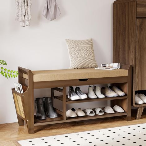 Banc à chaussures, banc de rangement avec siège rembourré, étagère à chaussures en bambou à 3 niveaux avec rangement latéral, organisateur de chaussures pour couloir, entrée, salon, 100 x 30 x (1/5)