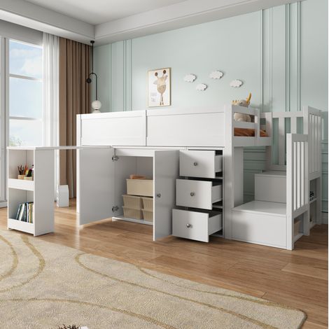 Kinderhochbett 90x200 cm Weiß aus MDF mit Schreibtisch, Schrank, Schublade, Treppe und Stauraum (1/5)