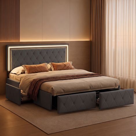 Letto matrimoniale 140x200 cm, letto per adulti con 4 cassetti e LED, rete a doghe e testiera regolabile in altezza, rivestimento in similpelle, Nero (1/5)