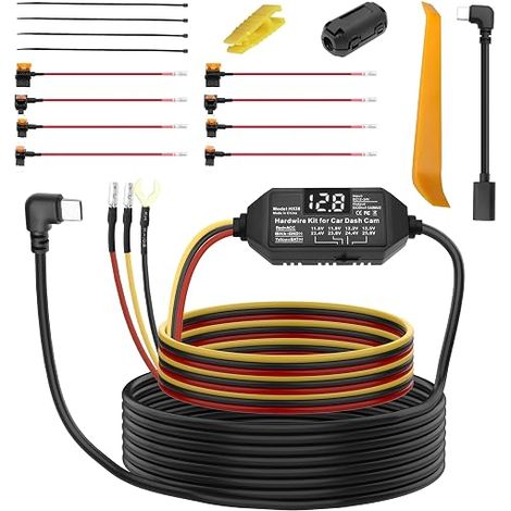 Dash Cam Acc Hardwire Kit de fusibles USB type C 12 V-24 V vers DC 5 V 3 A Câble d'alimentation avec protection basse tension pour caméra embarquée GPS (3,5 m) (1/5)