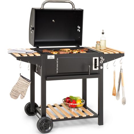 Klarstein Barbecue Charbon de Bois, Barbecue Grill Exterieur, Barbecues à Charbon, Etagères, Thermomètre, Roues, Portable, Grand Bbq Camping, Résistant aux Intempéries, Barbecue Américain a Bois Noir (1/5)
