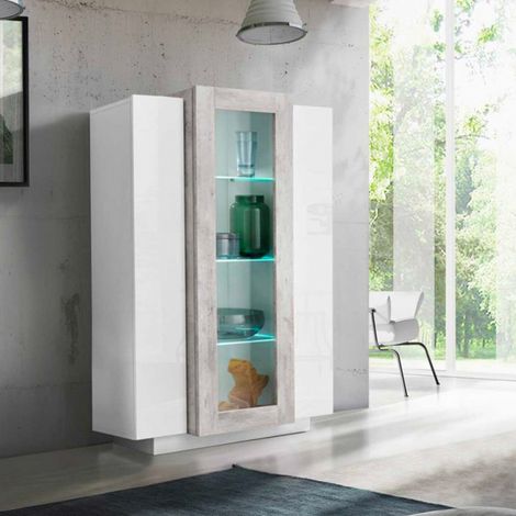 Credenza Vetrina con 3 Ante Mobile Moderno da Ingresso Bianco e Cemento