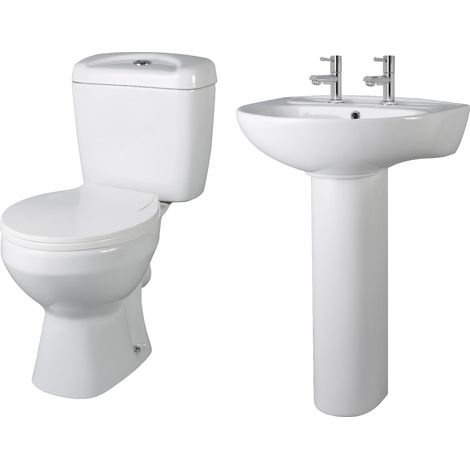 Balterley Anslow Bathroom Suite Close Coupled Toilet Dual Flush Soft Close Seat & 550mm 2 Tap Hole Pedestal Basin