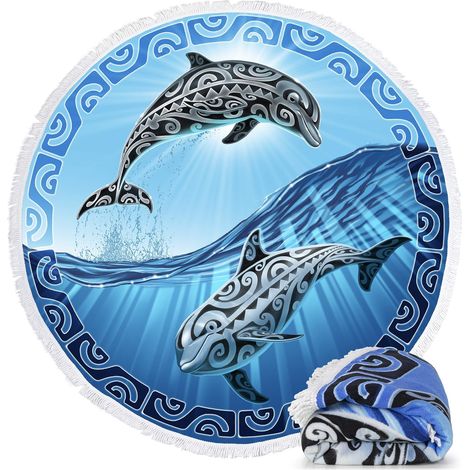 Filiyano-Serviette de plage ronde en microfibre peluche, 152 cm de diamètre avec franges (Dauphin), coloris 2 (1/4)