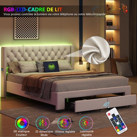 Lit 180x200 cm, 2 places, avec 2 tiroirs, LED, décoration par rivets, USB, poche latérale de rangement, sommier à lattes en bois, cadre en métal, lit capitonné en velours - Beige