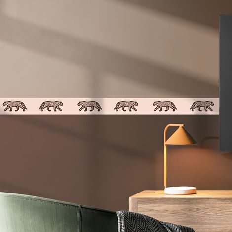 Frise décorative adhésive, léopards marron foncé sur fond beige, animaux, 9 cm X 300 cm (1/5)