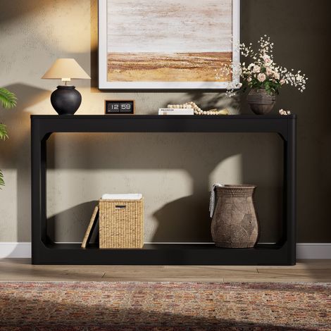 Mesa auxiliar curva Kérian 140 cm com arrumação dois níveis, mesa atrás do sofá para hall corredor preta (1/5)