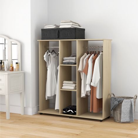 Armadio Guardaroba a Rotelle con 2 Barre e 3 Ripiani Aperti, in Legno e Alluminio, 120x40x128 cm, Color Legno
