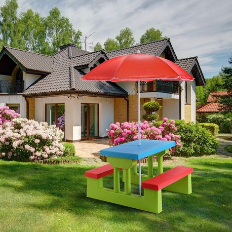 COSTWAY Sitzgruppe Kinder Sitzgarnitur Kindermoebel mit Sonnenschirm Kindertisch Picknickbank Bank (1/5)