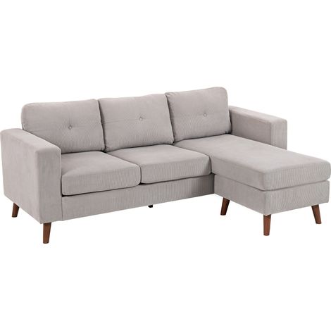Wendbares Ecksofa aus Cord, 3-Sitzer mit Chaiselongue, Stahlgestell, 192 x 137 x 84 cm, hellgrau