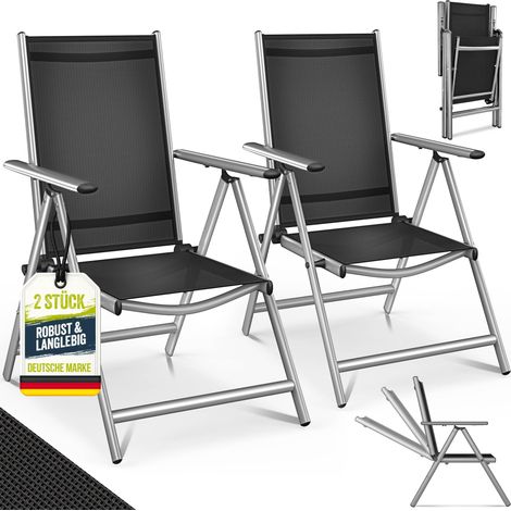 tillvex Silla de jardín premium, 2 piezas, color plata, plegable, de aluminio  Silla con respaldo alto y reposabrazos  Silla plegable ajustable  Silla plegable para balcón, jardín y terraza (1/5)