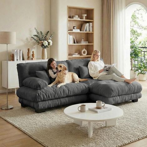 Canapé d’angle Cloud – 2 places en chenille grise, 2 coussins lombaires, 2 oreillers décoratifs – Élégance grise pour votre salon (1/5)