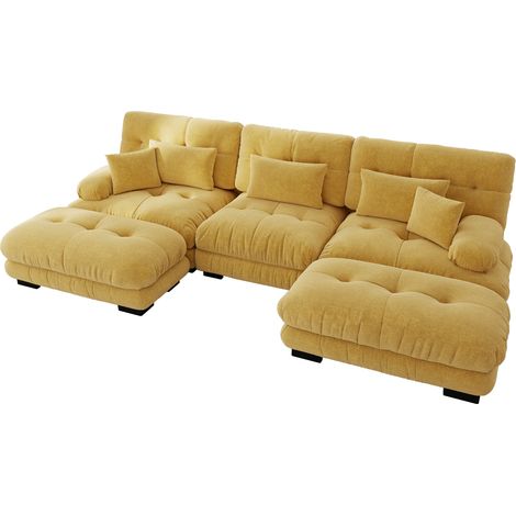 Sofá esquinero modular en chenilla amarilla con otomana, forma U, 313 x 145 x 81 cm (1/5)