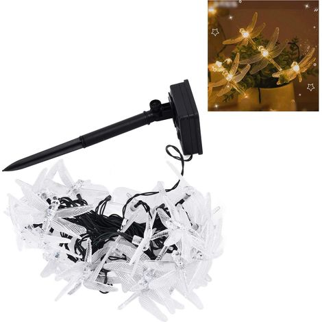Guirlande lumineuse libellule à LED solaire pour cours extérieures, pelouses, jardins et décorations de Noël festives avec lumière chaude. (1/5)