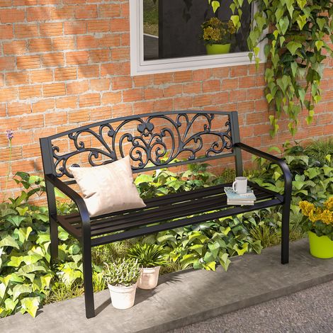 Banco de jardín de metal 2 plazas con respaldo y reposabrazos 127 x 60 x 87 cm negro (1/5)