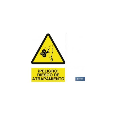 Cartello di avvertimento in polistirolo 210x148 mm, rischio di intrappolamento.