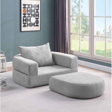 Divano letto pieghevole monoposto in ciniglia grigio chiaro con cuscino (1/5)