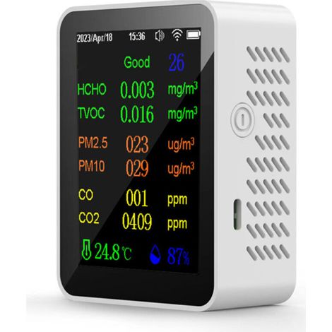 Compteur portable de qualité de l’air 9 en 1, PM2.5, PM10, CO, CO2, TVOC, HCHO, AQI, température et humidité, écran couleur, détecteur de dioxyde de carbone avec affichage date et heure,de