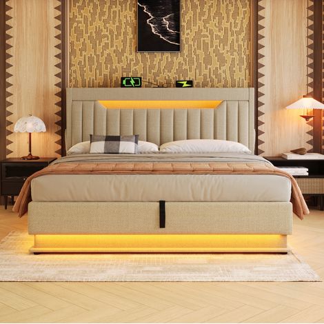 Cama con espacio de almacenamiento tapizada en lino beige 180x200 cm con LED, USB y Type-C (1/5)