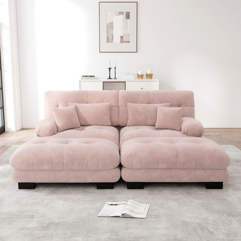 Modulares Ecksofa Cloud – 220 x 145 x 81 cm – 2-Sitzer mit 2 Hockern und 4 Kissen – Weicher Komfort – aus rosa Chenille