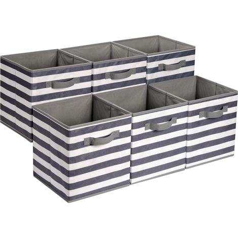 Cube de rangement pliable en tissu avec poignées, lot de 6, Motif À Rayures, Blanc et Gris Clair, 33 x 33 x 33 cm