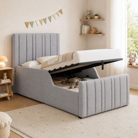 Letto contenitore bambino 90 x 200 cm in lino con rete e testiera imbottita grigia HAVRYA (1/5)