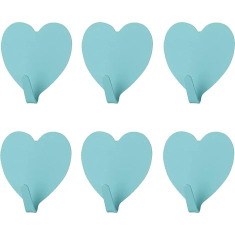 6er-Pack dekorative Wandhaken in Herzform (blau), stark haftender Wandhaken aus Edelstahl für Zuhause, Küche, Bad, Büro