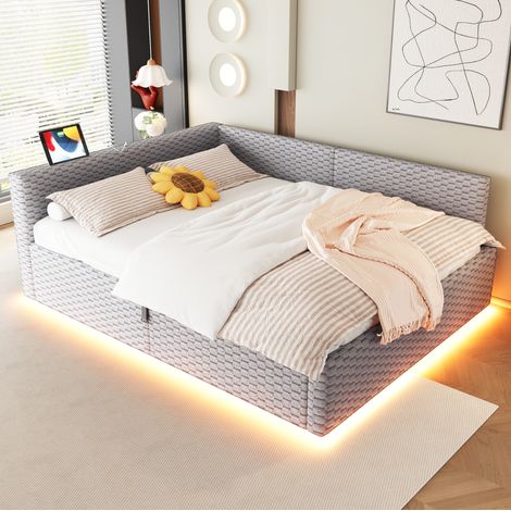 Lit capitonné 140 x 200 cm avec LED, USB-C et USB, rangement hydraulique, gris (1/5)