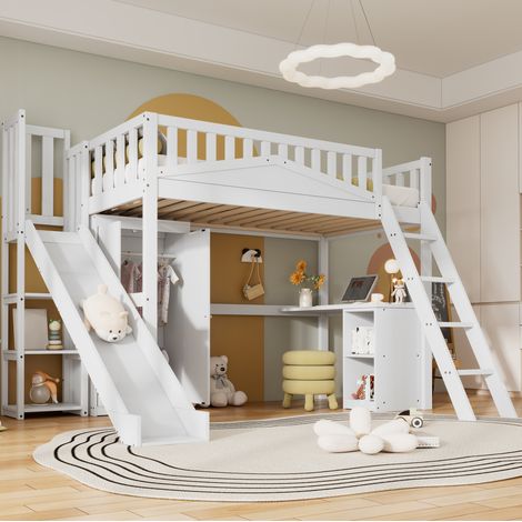 Lit superposé enfant 90x200 avec toboggan et bureau HAVRYA (1/5)