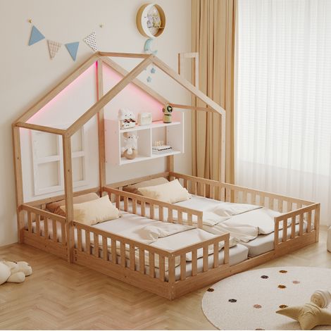 Cama infantil doble compacta de madera natural con LED 204x188x161 cm, sin colchón – MEUBLIV (1/5)