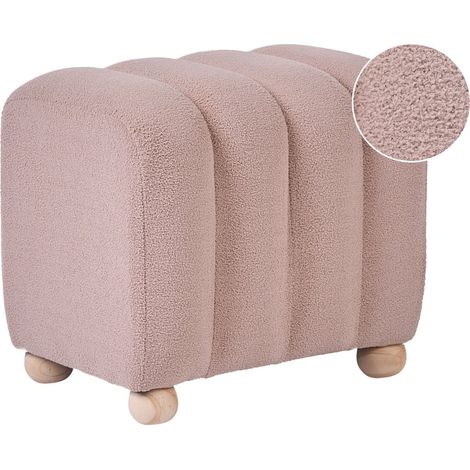 Pouf moderno a coste in tessuto bouclé Teddy, imbottito con gambe in legno beige Idyllwild