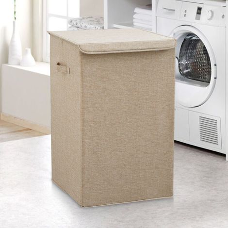 Wäschereikorb 67L, Ultrixe, großer feiner Kleiderkorb mit Deckel und Griffen, faltbar, Kleidungskorb, Schlafzimmer für Waschküche, Schlafzimmer, Badezimmer (Beige)