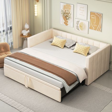 Lit capitonné convertible en canapé-lit extensible 90/180 × 200 cm avec sommier à lattes intégré, lit multifonctionnel en velours doux pour la peau, couleur beige (1/5)